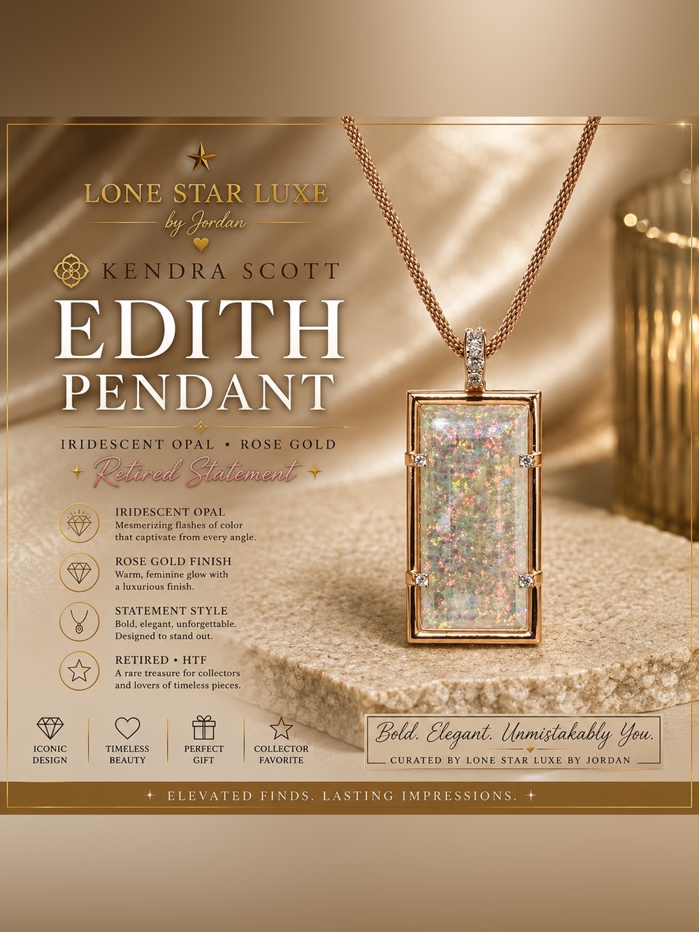 Kendra Scott Edith Pendant Necklace Rose Gold Iridescent Opal Retired Statement